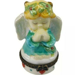 Praying Angel Trinket Ring Box Hinged 2 5/8" Teal Robe Red Hearts Christmas